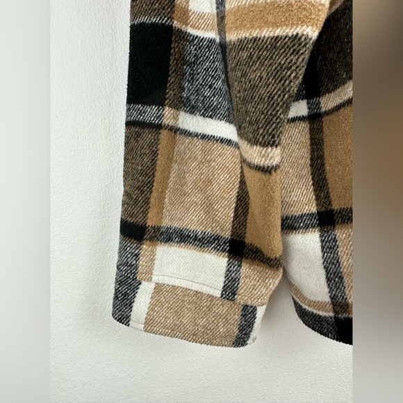 Tartan Plaid Button Down Tan Black White Oversized Shirt Jacket Shacket - Sz L - Picture 2 of 4